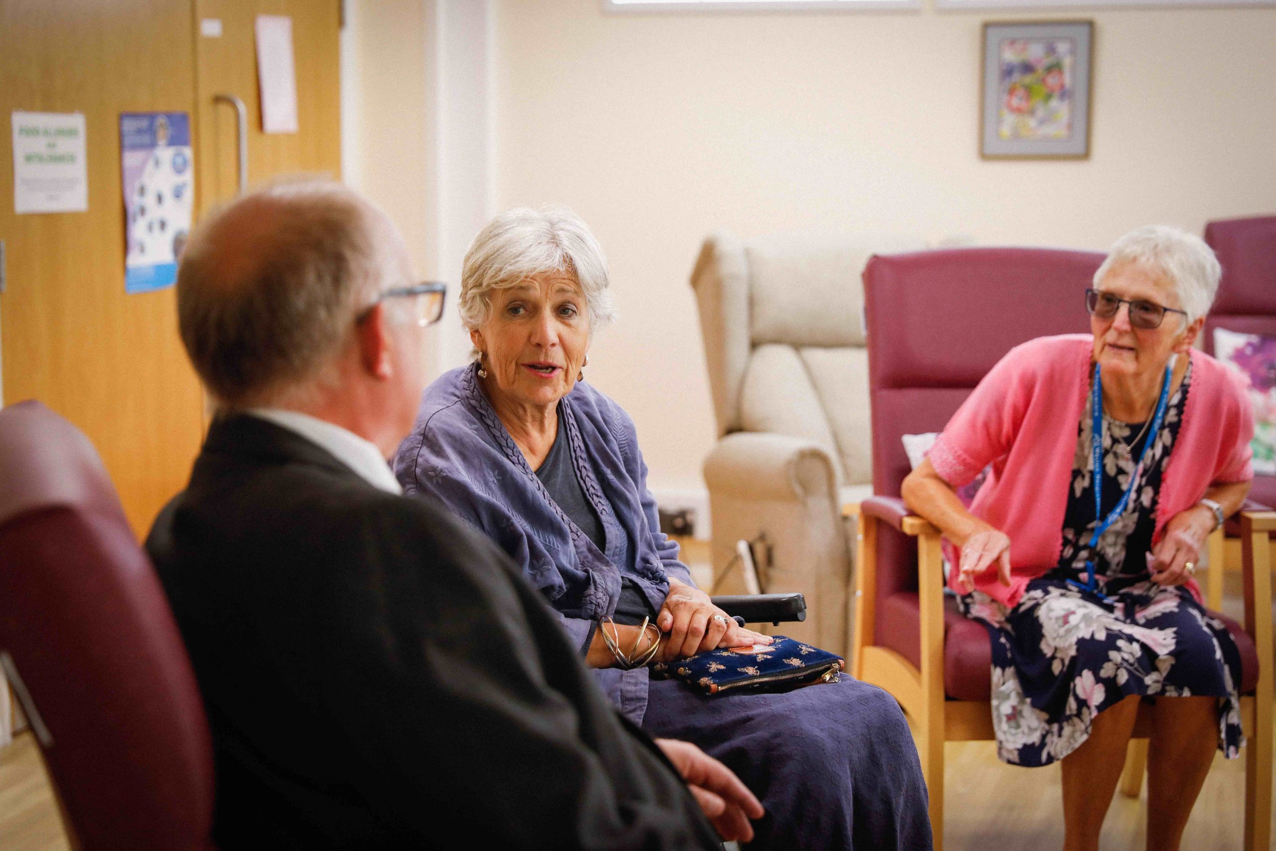 Mrs Maw, Lord-Lieutenant of Somerset, visiting Weston Hospicecare. Speaking to the charity's Director of Fundraising and Communications.