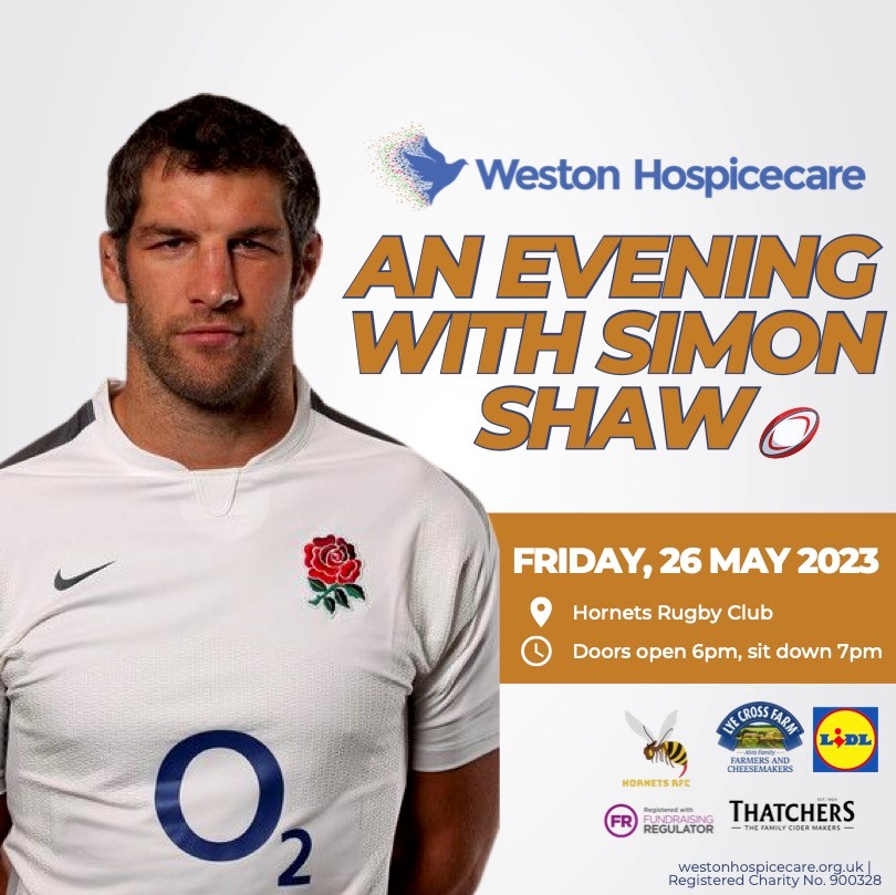 Event graphic featuring Simon Shaw, ex-England rugby star. To promote An Evening With Simon Shaw.